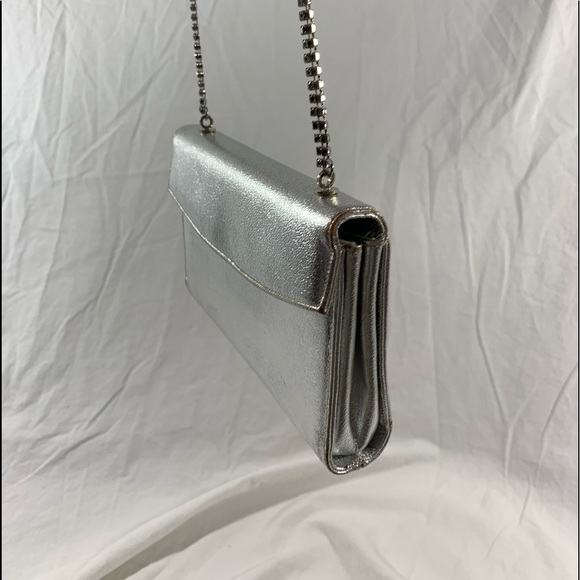 Genuine MORRIS MOSKOWITZ metallic silver kidskin shoulder bag with rhinestones - Picture 4 of 16